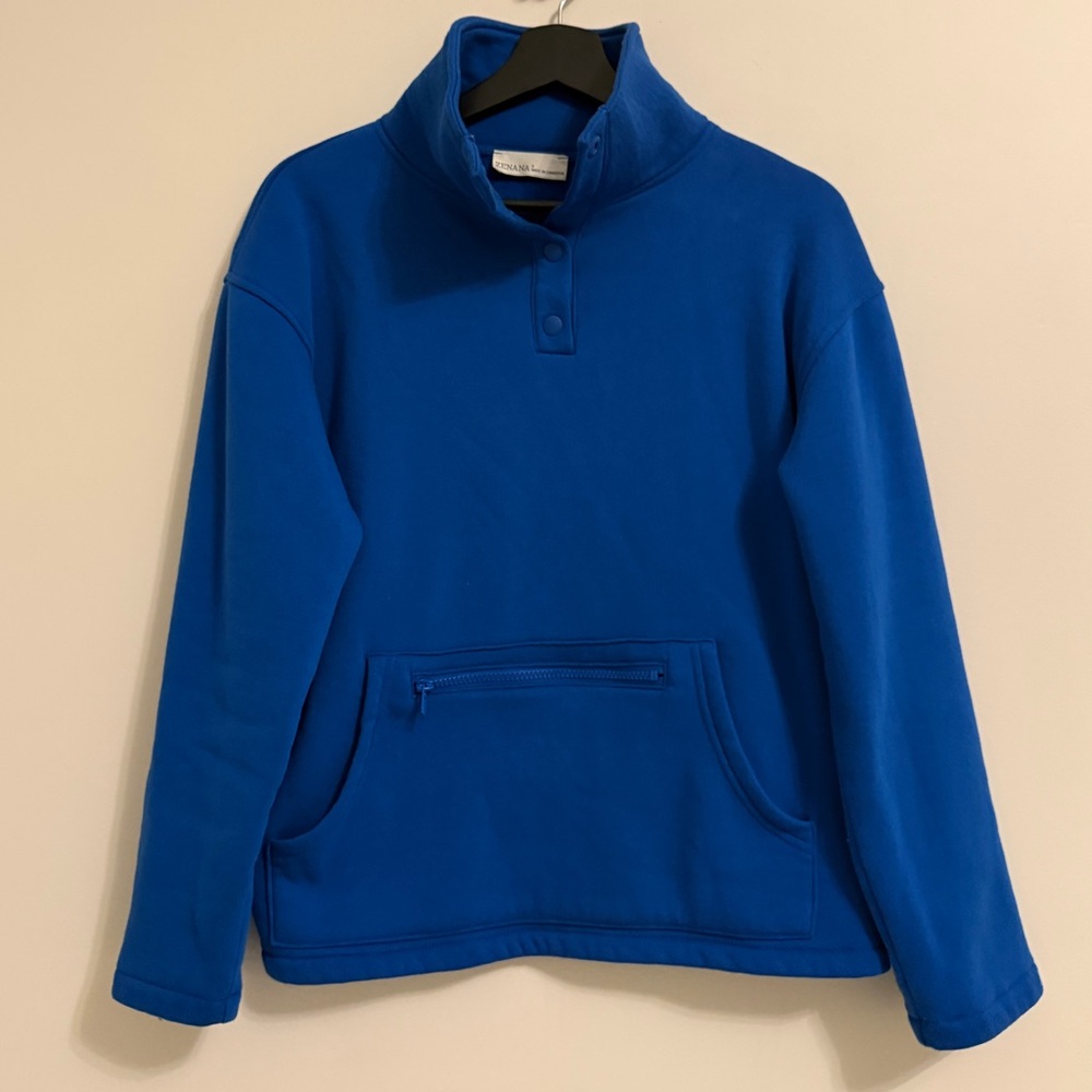 Zenana Cobalt Blue Snap Collar Pullover Sweatshirt | Cozy Fleece | Size S - Picture 3 of 6